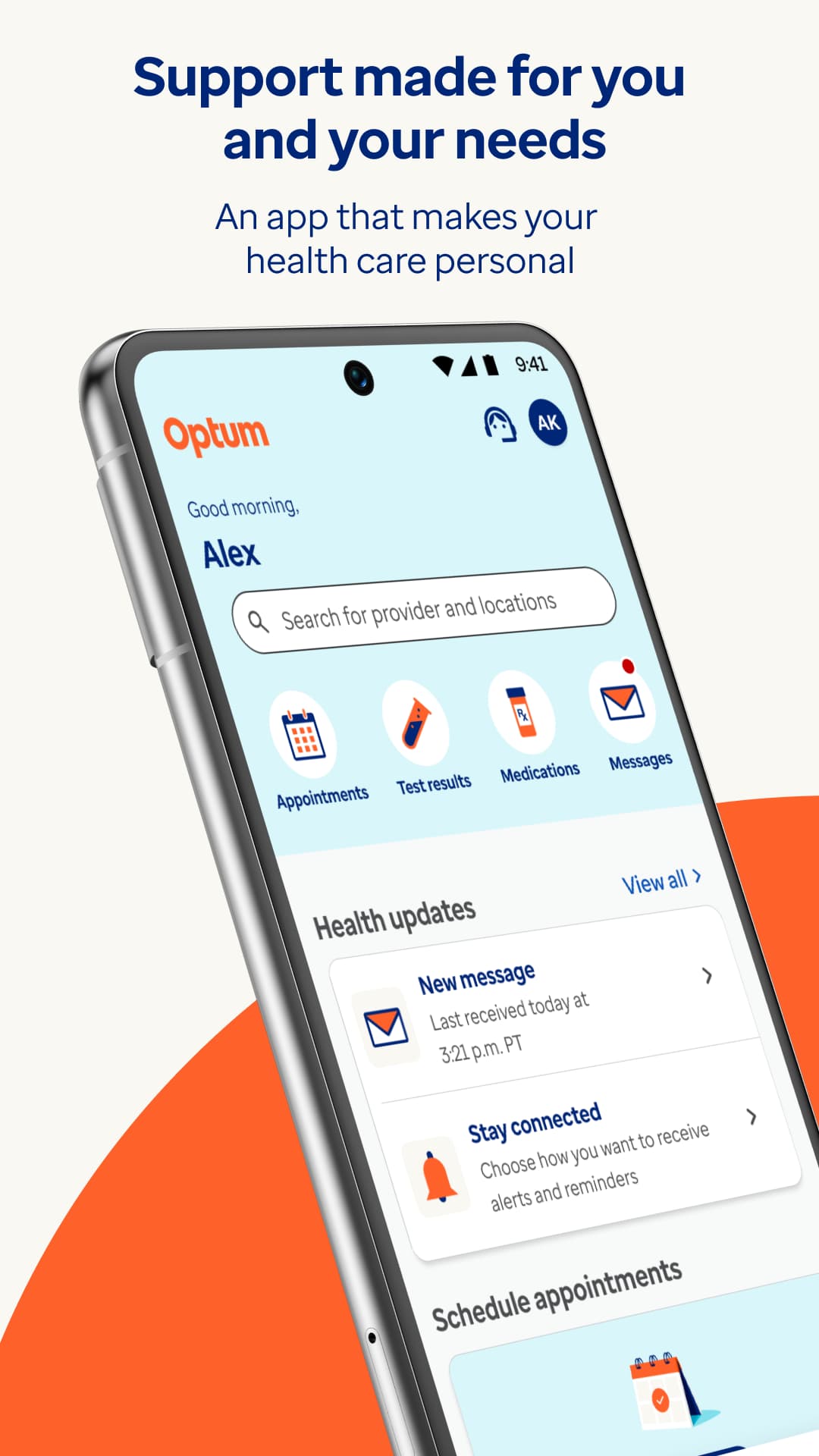 Optum app dashboard with accessibility features