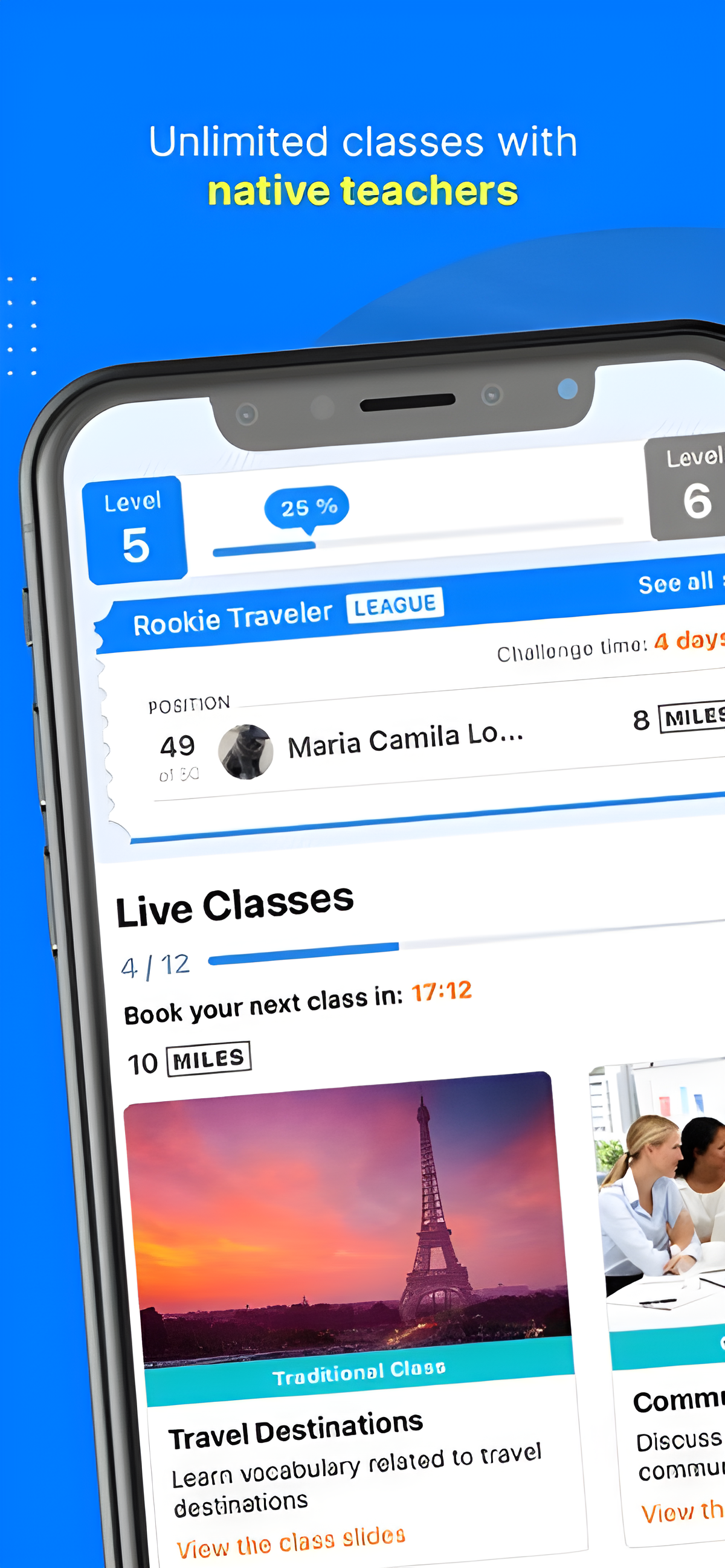 Open English app showing live classes with native teachers and gamified learning paths