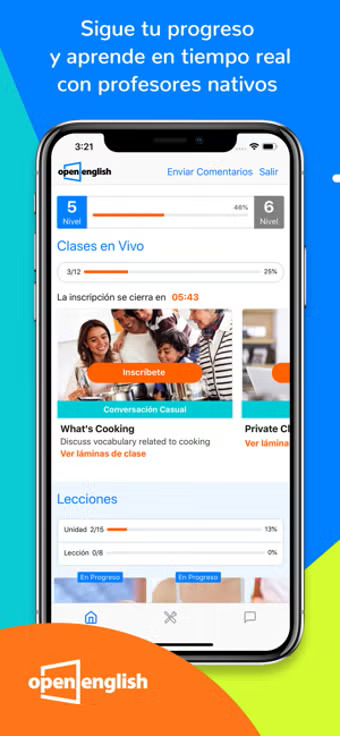 Open English app showing progress tracking and real-time learning with native teachers