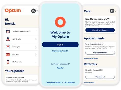 Optum app screens showing home, welcome, and care interfaces