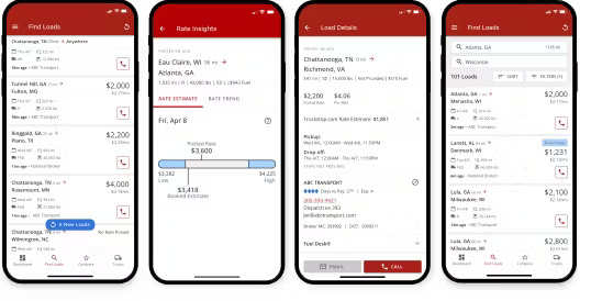 Truckstop app showing load search, rate insights, and load details